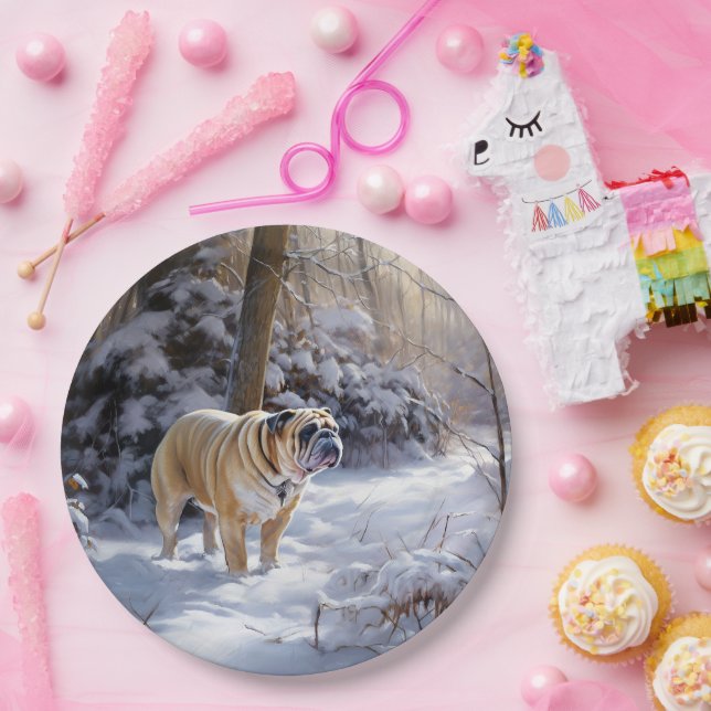 Bulldog lassen es Schnee Weihnachten gebürstet Pappteller (Party)