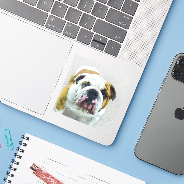 Bulldog-Malerei - Niedliche Original Hunde-Kunst Aufkleber (Laptop mit iPhone)