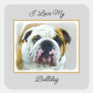 Bulldog-Malerei - Niedliche Original Hunde-Kunst Quadratischer Aufkleber