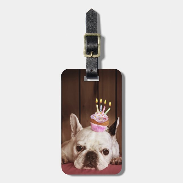 Bulldog mit Birthday Cupcake Gepäckanhänger (Vorderseite vertikal)