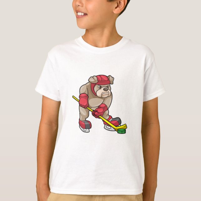Bulldog mit Eishockey und Eishockeyschläger T-Shirt (Vorderseite)