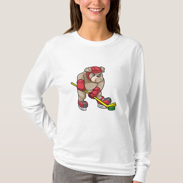 Bulldog mit Eishockey und Eishockeyschläger T-Shirt (Vorderseite)
