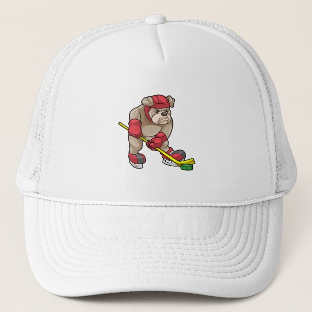 Bulldog mit Eishockey und Eishockeyschläger Truckerkappe (Vorderseite)