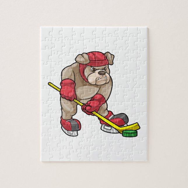 Bulldog mit Eishockey und Hockeyschläger (Vertikal)