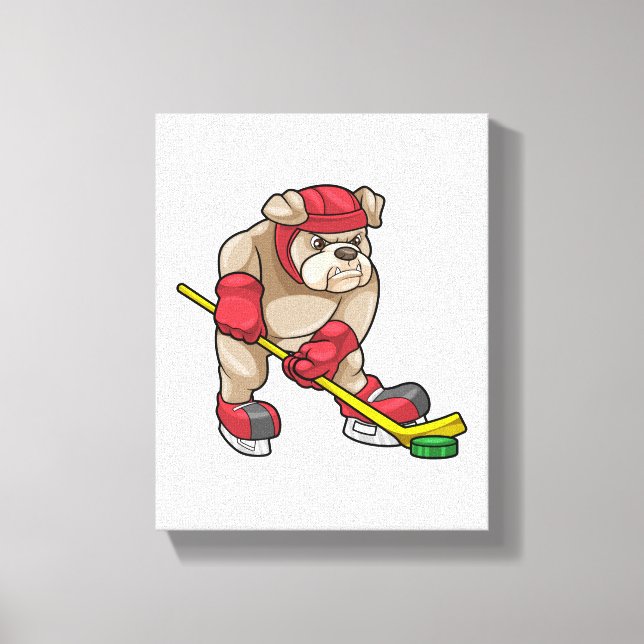 Bulldog mit Eishockey und Hockeyschläger Leinwanddruck (Vorderseite)