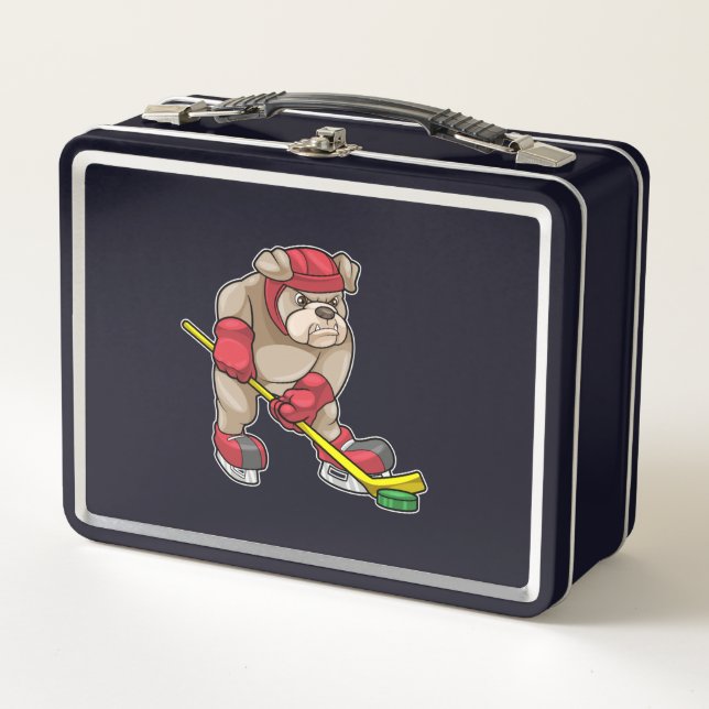 Bulldog mit Eishockey und Hockeyschläger Metall Brotdose (Vorderseite)