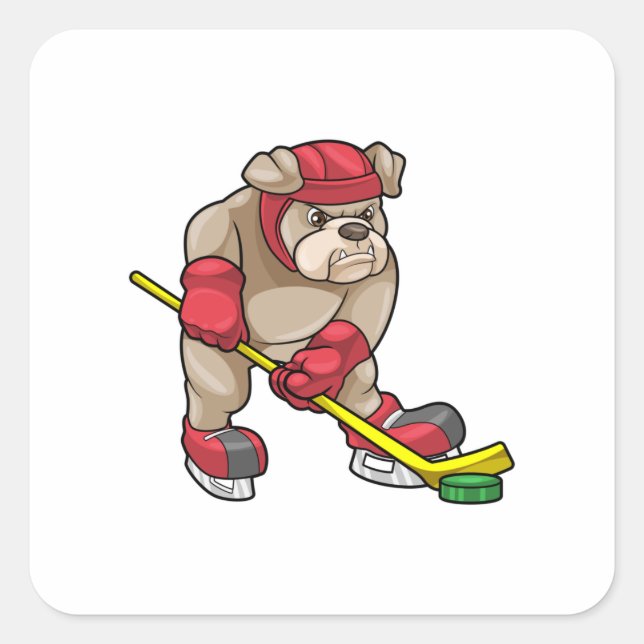 Bulldog mit Eishockey und Hockeyschläger Quadratischer Aufkleber (Vorderseite)