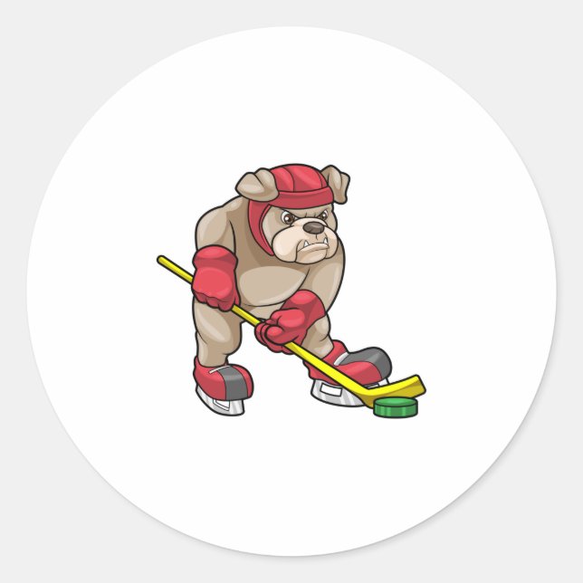 Bulldog mit Eishockey und Hockeyschläger Runder Aufkleber (Vorderseite)