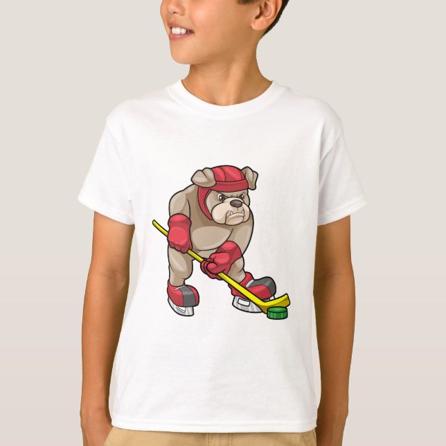 Bulldog mit Eishockey und Hockeyschläger T-Shirt (Vorderseite)