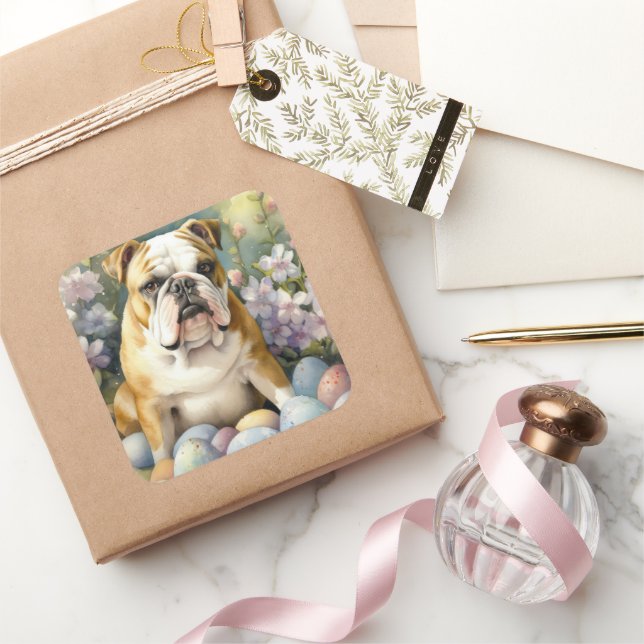 Bulldog mit Ostereiern Urlaub Quadratischer Aufkleber (Schenken)