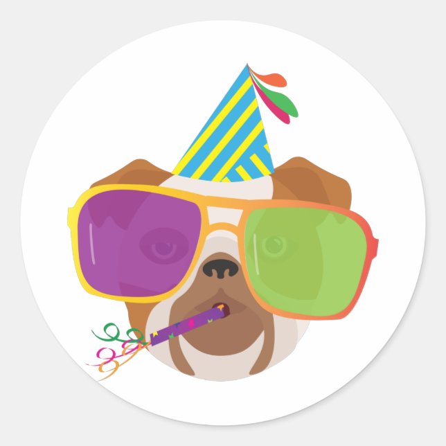 Bulldog mit Party und Sonnenbrille Runder Aufkleber (Vorderseite)