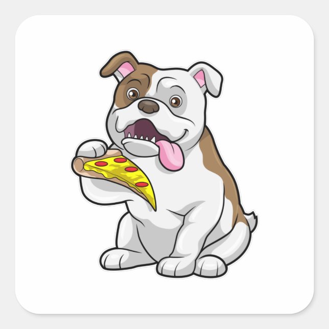Bulldog mit Pizza-Stück Quadratischer Aufkleber (Vorderseite)