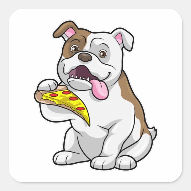 Bulldog mit Pizza-Stück Quadratischer Aufkleber (Vorderseite)