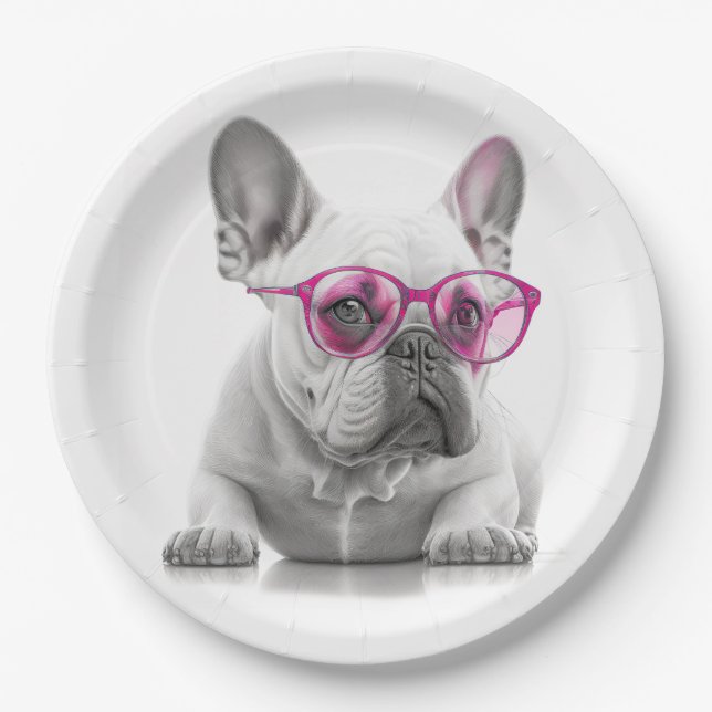Bulldog mit rosa Brillenpapier Pappteller (Vorderseite)