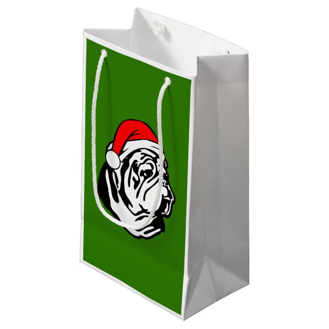 Bulldog mit Weihnachten-Weihnachtsmannmütze Kleine Geschenktüte (Vorderseite Schrägansicht)