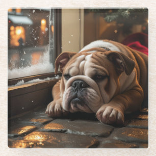 Bulldog mit Weihnachtsbeleuchtung Urlaub Glasuntersetzer