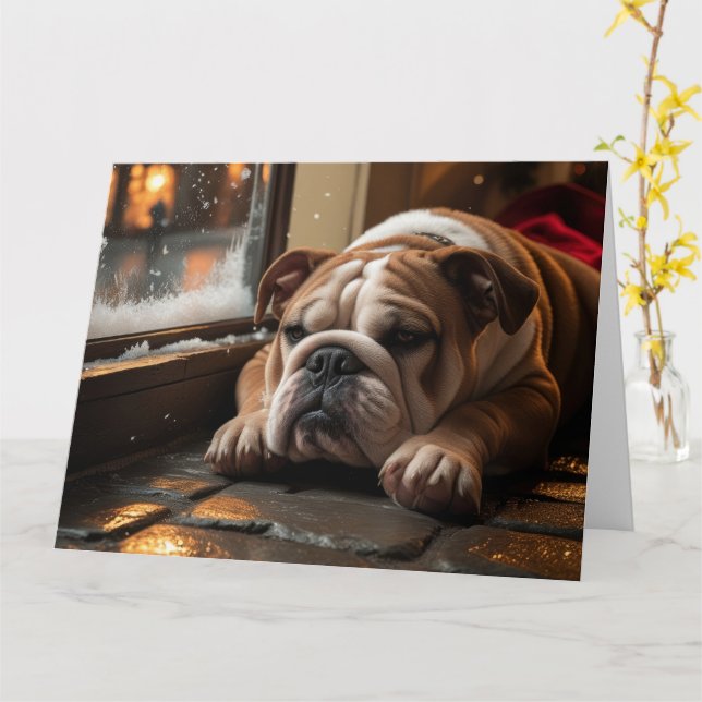 Bulldog mit Weihnachtsbeleuchtung Urlaub Karte (Gelbe Blume)