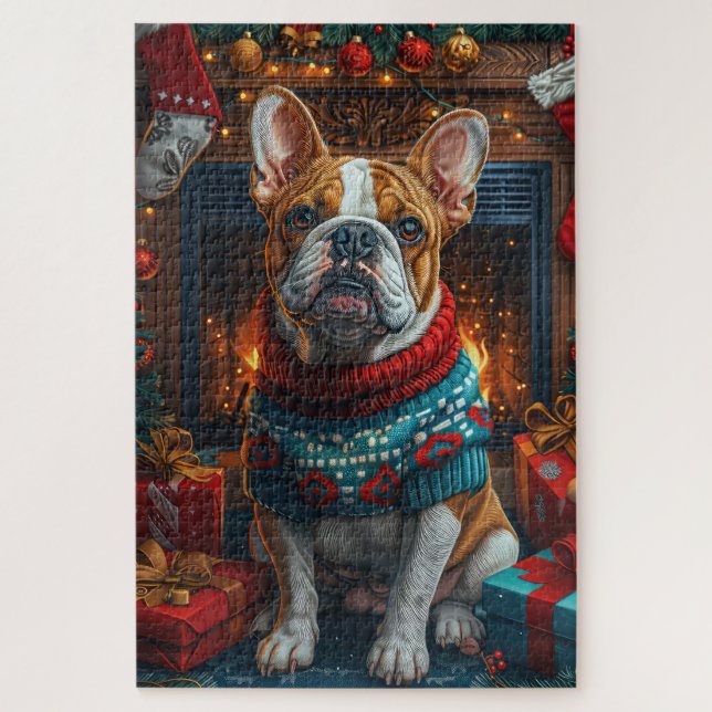 Bulldog mit Weihnachtsgeschenken Feuerplatz (Vertikal)