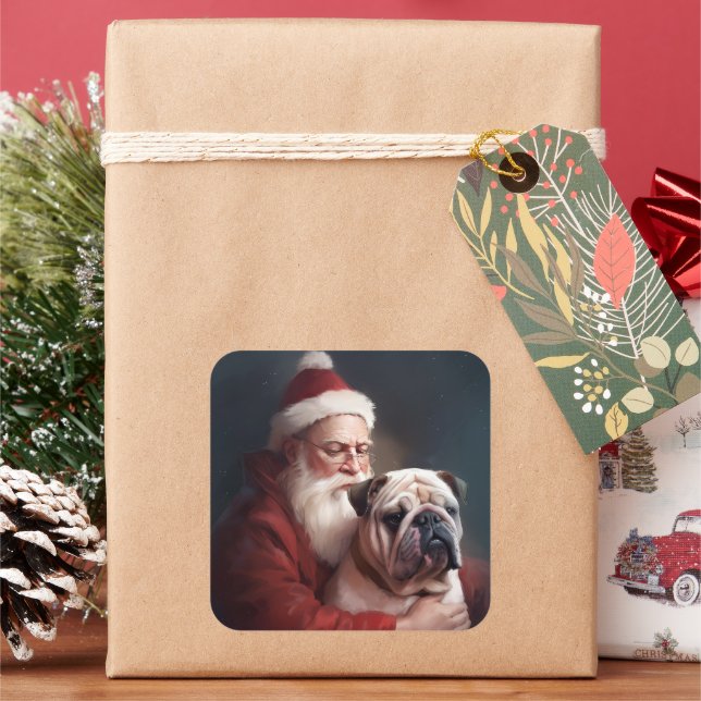 Bulldog mit Weihnachtsmann Quadratischer Aufkleber (Feiertag)