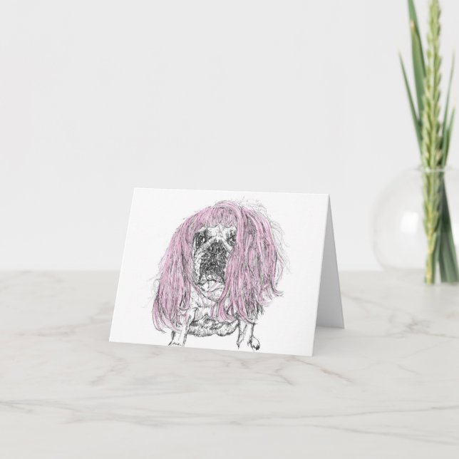 Bulldog Pink Wig Carte de la fête d'anniversaire (Devant)