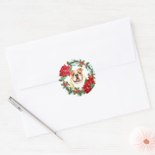 Bulldog Poinsettia Holly Berry Weihnachtsschaden Runder Aufkleber