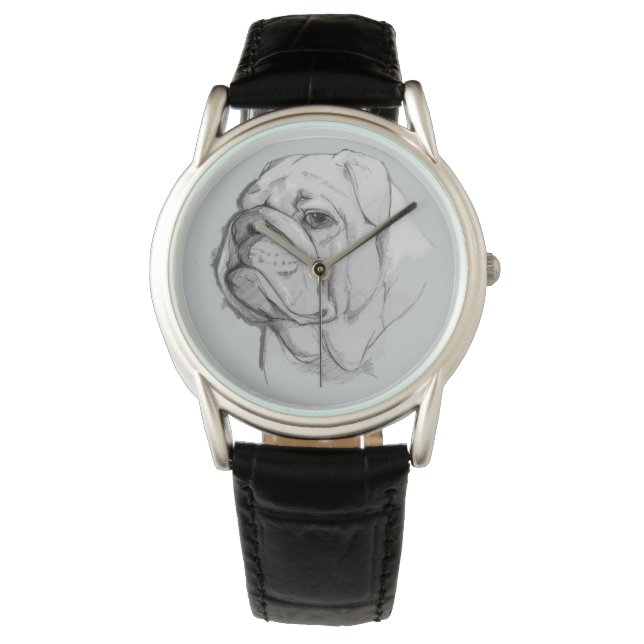 Bulldog Portrait HandGezeichnet Armbanduhr (Vorderseite)