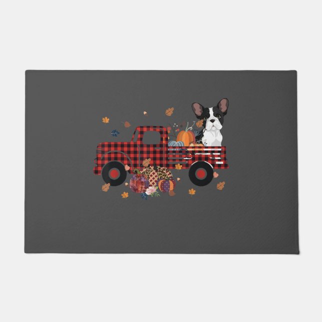 Bulldog Pumpkin Truck Erntedank Halloween Fußmatte (Vorderseite)