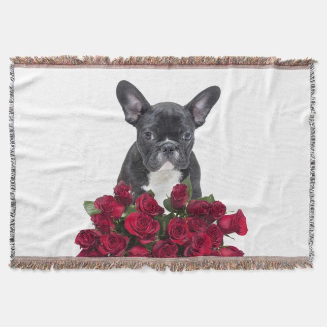 Bulldog Puppy Rose Blume werfen Weiß Decke (Vorderseite)