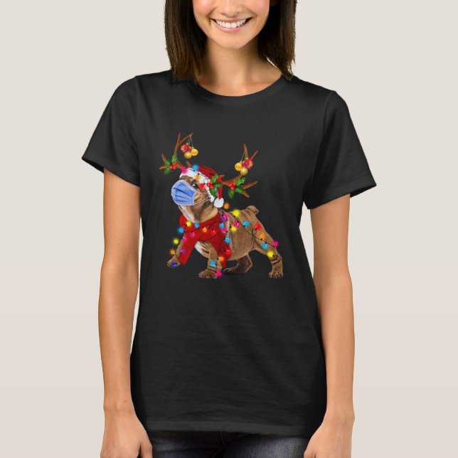 Bulldog Rentiere mit Weihnachtslicht in der Gesich T-Shirt (Vorderseite)