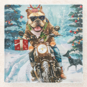 Bulldog Riding Motorrad Weihnachten Glasuntersetzer