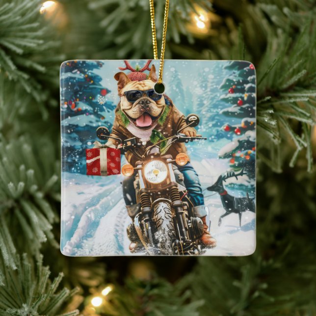 Bulldog Riding Motorrad Weihnachten Keramikornament (Baum)