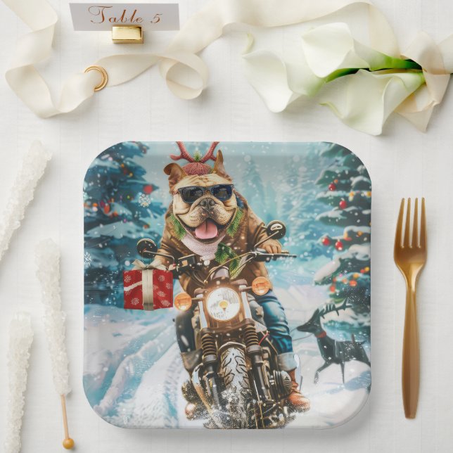 Bulldog Riding Motorrad Weihnachten Pappteller (Hochzeit)