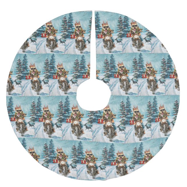 Bulldog Riding Motorrad Weihnachten Polyester Weihnachtsbaumdecke (Vorderseite)