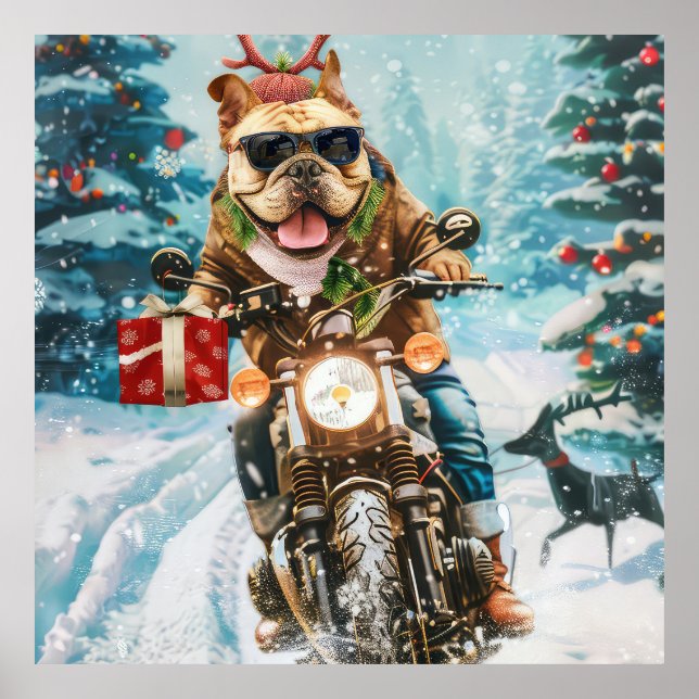 Bulldog Riding Motorrad Weihnachten Poster (Vorne)