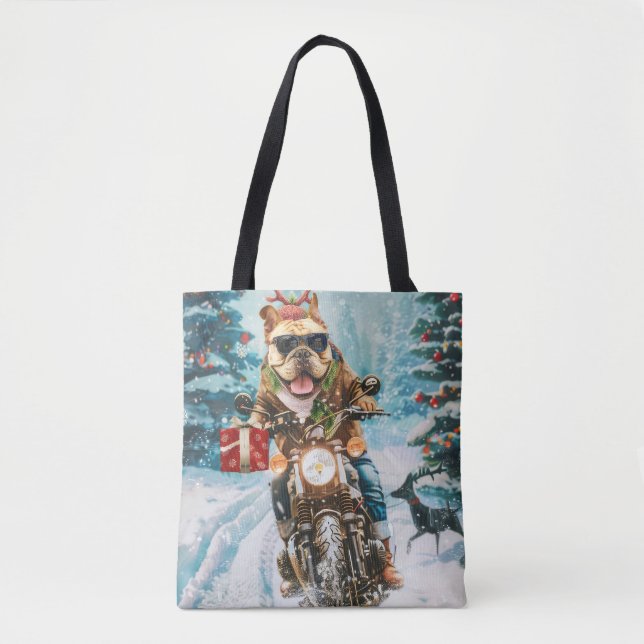 Bulldog Riding Motorrad Weihnachten Tasche (Vorderseite)