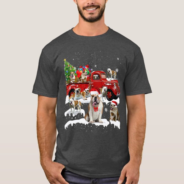 Bulldog Riding Red Truck Xmas Frohe Weihnachten T-Shirt (Vorderseite)