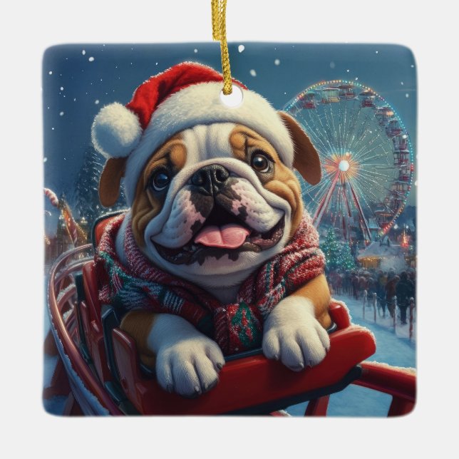 Bulldog Roller Untersetzer Weihnachten Keramikornament (Vorderseite)