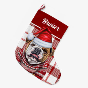 Bulldog Rot und Weiß Kariert Personalisiert Großer Weihnachtsstrumpf