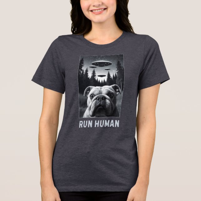 Bulldog Selfie UFO Fun Quirky Geschenk Tri-Blend Shirt (Vorderseite)