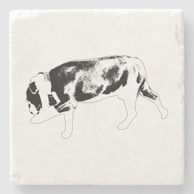 Bulldog-Silhouette beim Gehen mit texturierter Sch Steinuntersetzer (Vorderseite)