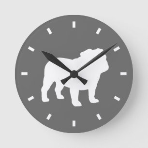 Bulldog-Silhouette Grau und Weiß  Hund Lover's Runde Wanduhr