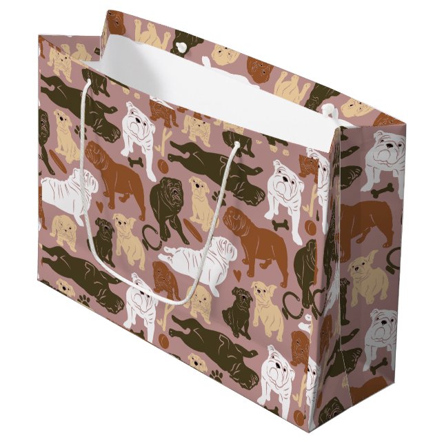 Bulldog-Silhouette in Brauntönen Große Geschenktüte (Vorderseite Schrägansicht)