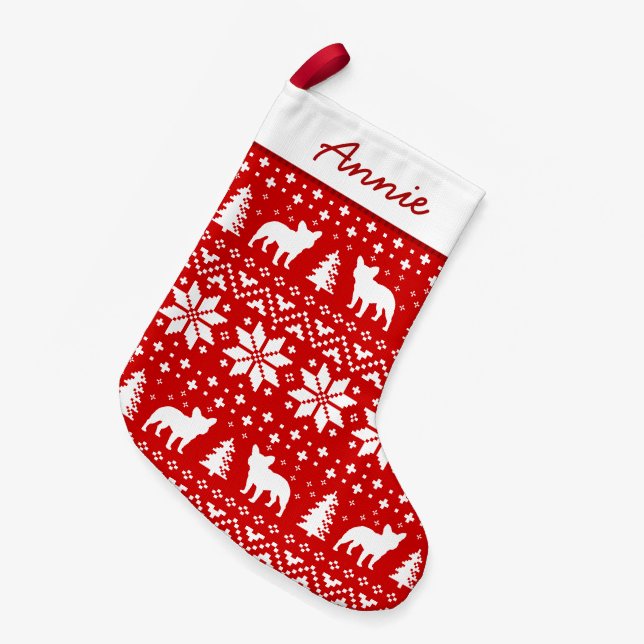Bulldog-Silhouetten Muster Rot und Weiß Kleiner Weihnachtsstrumpf (Vorderansicht (hängend))