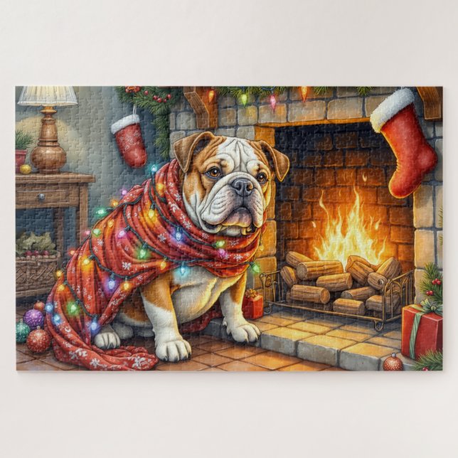 Bulldog Sitting by Fireplace with Christmas Lights (Horizontal)