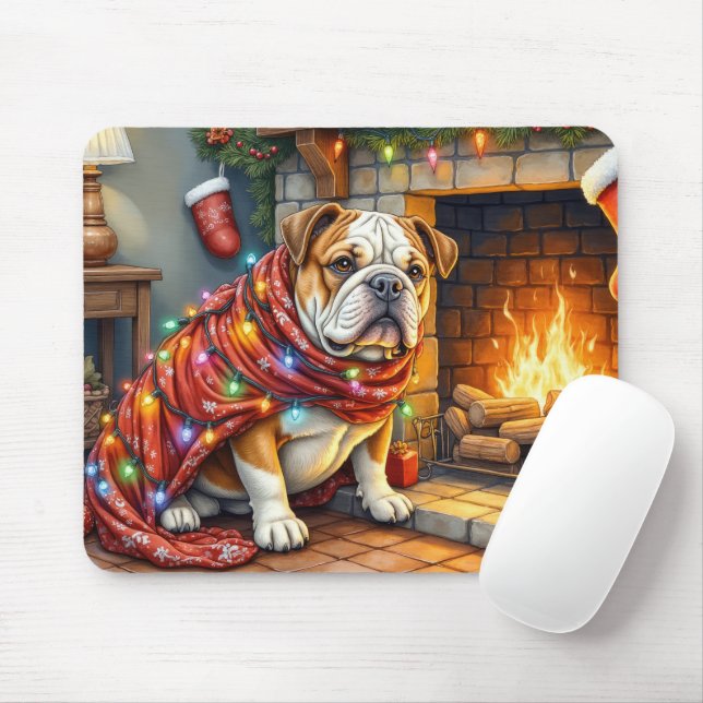Bulldog Sitting by Fireplace with Christmas Lights Mousepad (Mit Mouse)