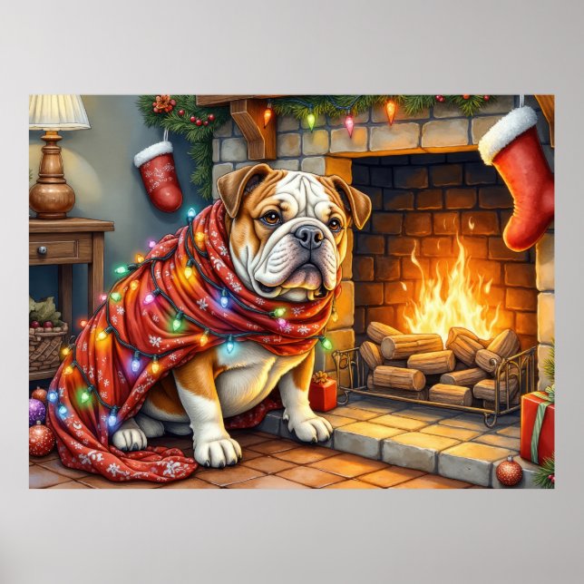 Bulldog Sitting by Fireplace with Christmas Lights Poster (Vorne)