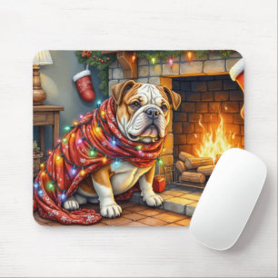 Bulldog sitzt neben dem Kamin mit Weihnachtsbeleuc Mousepad