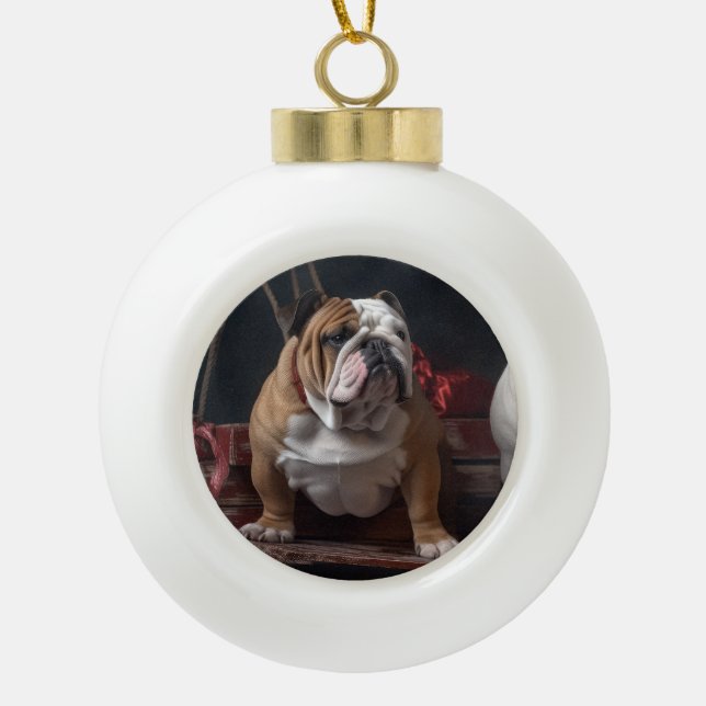 Bulldog Snowy Sleigh Weihnachtsdekor Keramik Kugel-Ornament (Vorderseite)