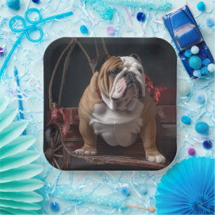 Bulldog Snowy Sleigh Weihnachtsdekor Pappteller