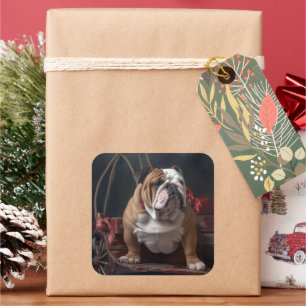 Bulldog Snowy Sleigh Weihnachtsdekor Quadratischer Aufkleber